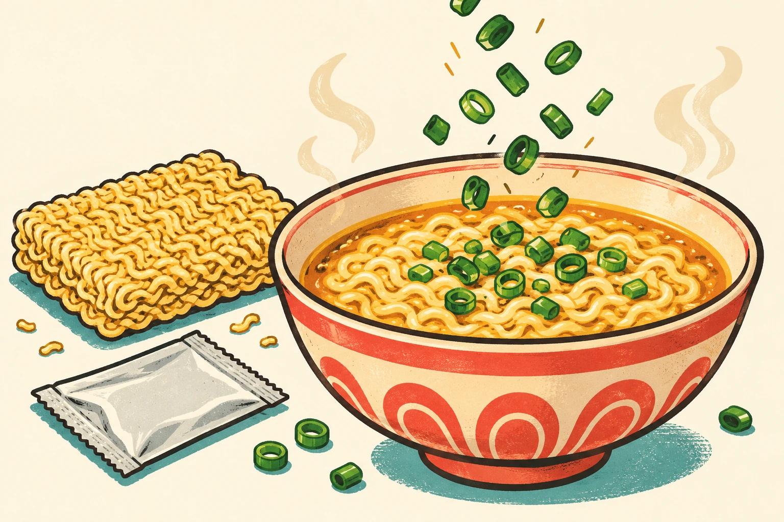 Illustration of packet ramen, a seasoning pouch, and green onions falling into a steaming bowl.
