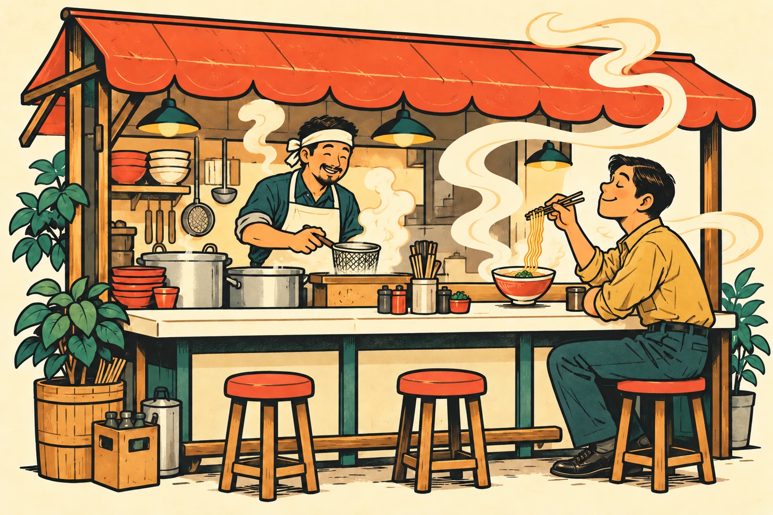 Illustration of a cook serving a customer at a wooden ramen stall.